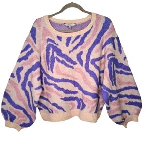 NEW Ophelia Roe Purple Zebra Striped Puffy Sleeve Pullover Sweater Plus Size 1X